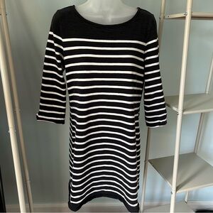 Talbots Black White Striped Boat Neck 3/4 Sleeve Shift Cotton Nautical Dress